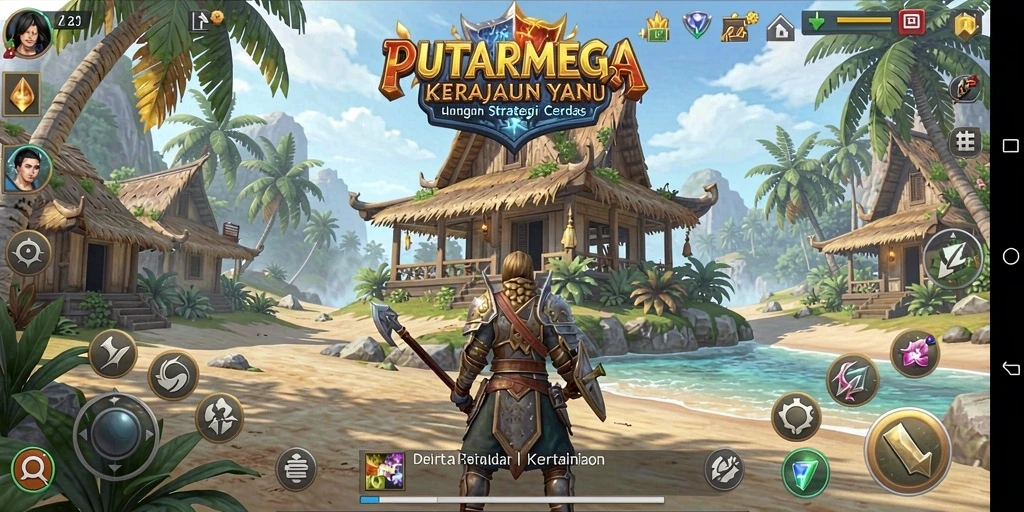 Screenshot utama PUTARMEGA menampilkan serangan tower yang epik.