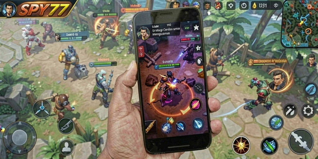 Tangkapan layar gameplay SPY77 menampilkan berbagai unit strategis bertempur.